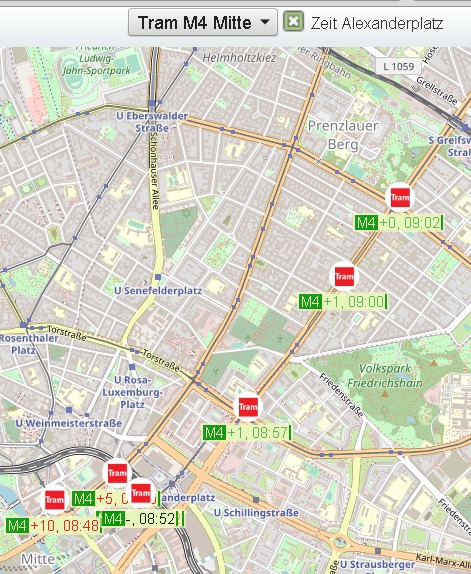 Tram M4 Richtung Mitte mit Verspätungsminuten Tram M4 Richtung Mitte