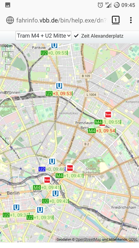 Tram M4 und U-Bahn U2 Richtung Stadtmitte auf einem Smartphone-Bildschirm