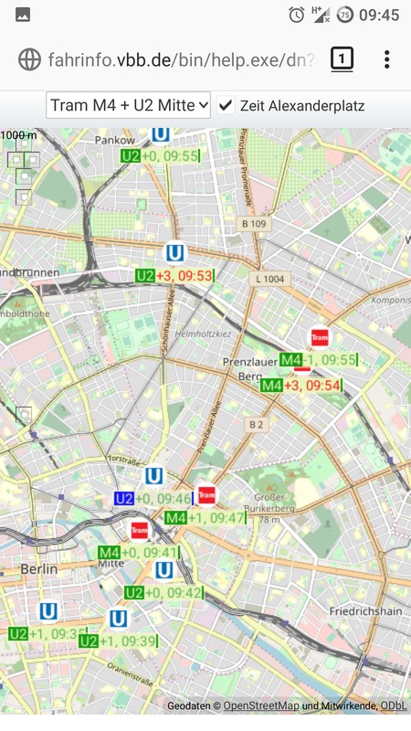 Tram M4 und U-Bahn U2 Richtung Stadtmitte Tram M4 und U-Bahn U2 Richtung Stadtmitte auf einem Smartphone-Bildschirm