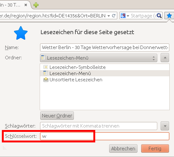 Lesezeichen in Firefox mit Schlüsselwort einrichten