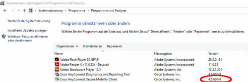 Liste mit Versionen installierter Software