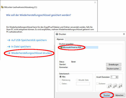Wiederherstellungsschlüssel drucken