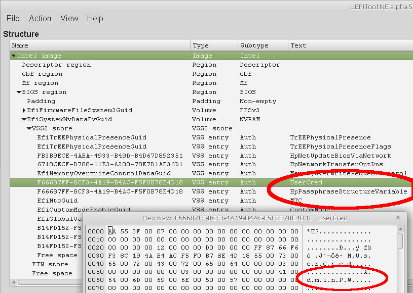 UEFITool mit der Variable UserCred beim HP ProBook, wenn ein BIOS Passwort gesetzt ist