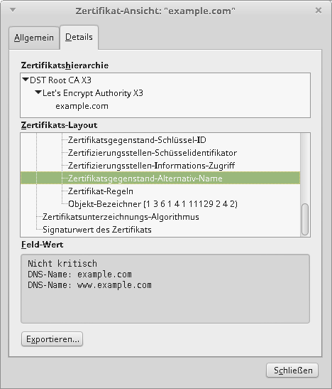 Beispiel für ein Zertifikat mit Alternativ-Name für mehrere Subdomains