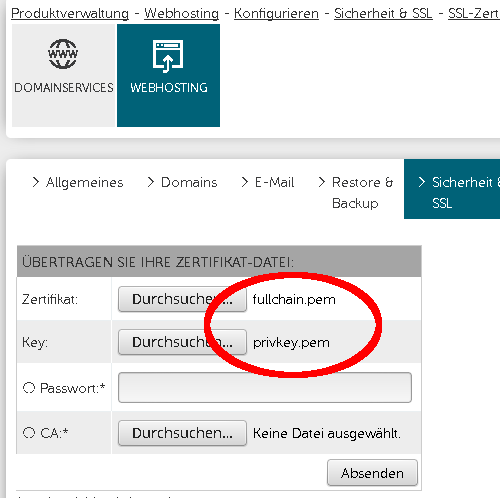 Zertifikat bei Host Europe hochladen